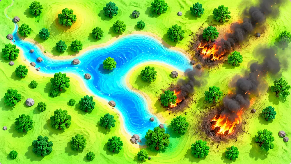 Sandbox Forest Fires interactive sandbox preview with a river, trees, and active fire zones