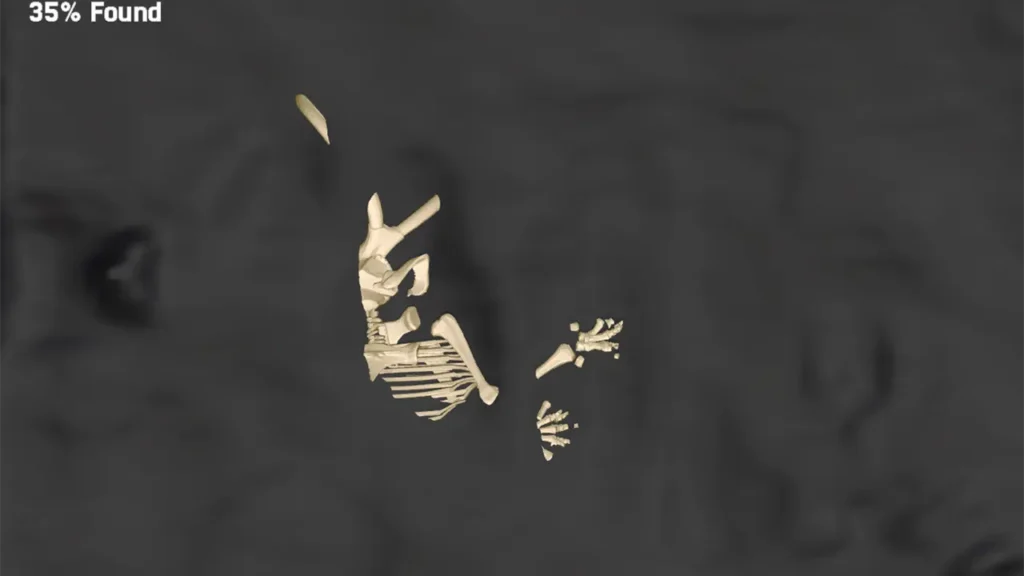 Sandbox Skeleton Level 1 interactive sandbox game preview with a child uncovering a glowing skeleton in the sand