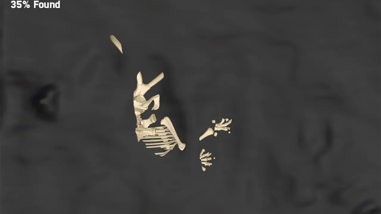 Sandbox Skeleton Level 1 interactive sandbox game preview with a child uncovering a glowing skeleton in the sand