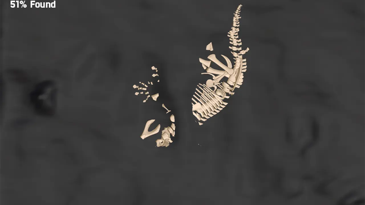 Sandbox Skeleton Level 4 interactive sandbox game preview with a child excavating a glowing skeleton