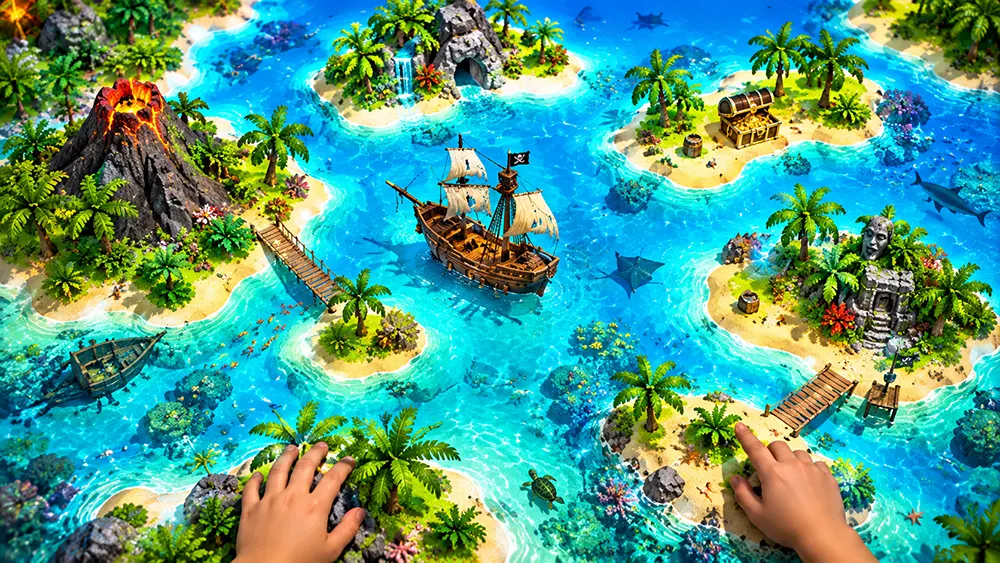 Sandbox Adventure Island interactive sandbox preview with tropical islands, water, and a child exploring the terrain