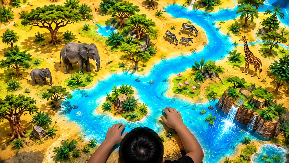 Sandbox Africa interactive sandbox preview with savanna animals, water, and a child interacting with the terrain