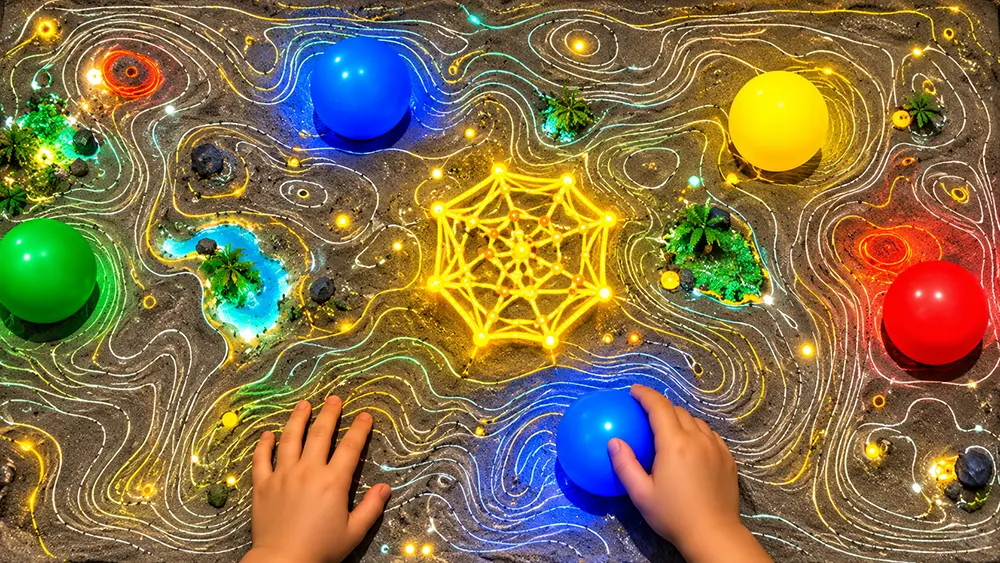 Sandbox Balls interactive sandbox preview with colorful balls and a child playing on the projected surface
