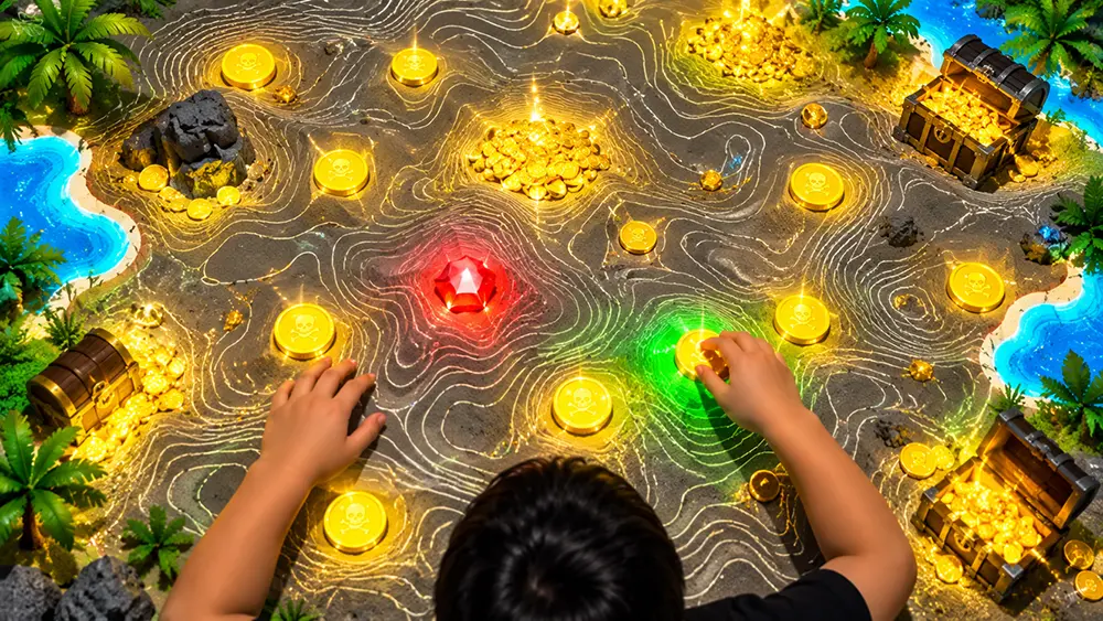 Sandbox Coins interactive sandbox preview with gold coins, treasure chest, and a child collecting items