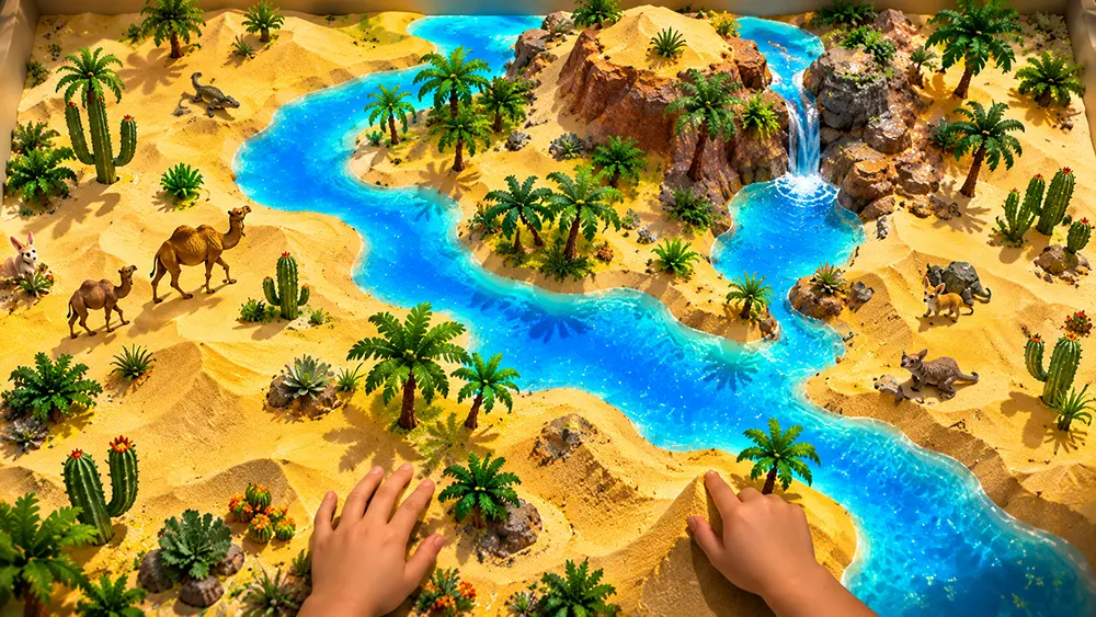 Sandbox Desert interactive sandbox preview with cactus, water, desert animals, and a child shaping the sand
