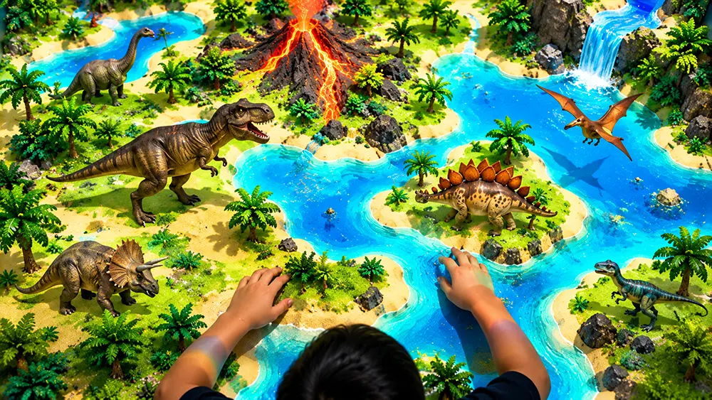 Sandbox Dino World interactive sandbox preview with dinosaurs, lakes, and a child interacting with the terrain