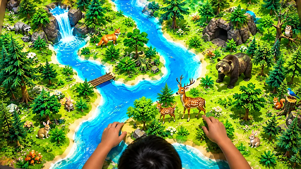Sandbox Forest Animals interactive sandbox preview with forest animals near a river and a child playing