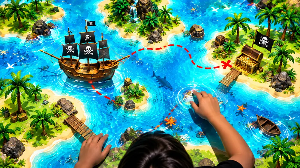 Sandbox Pirates interactive sandbox preview with treasure islands, pirate ship, and a child exploring the map