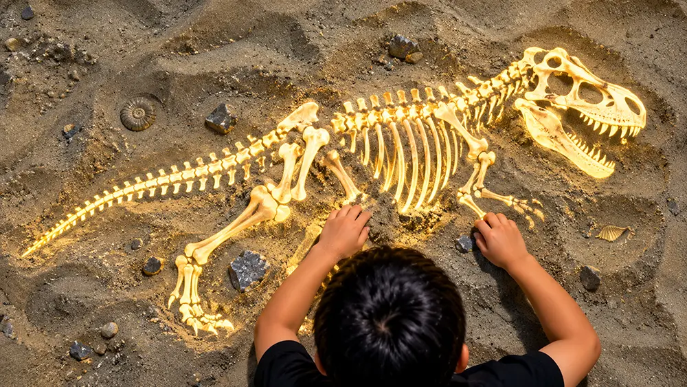 Sandbox Skeleton Level 1 interactive sandbox game preview with a child uncovering a glowing skeleton in the sand