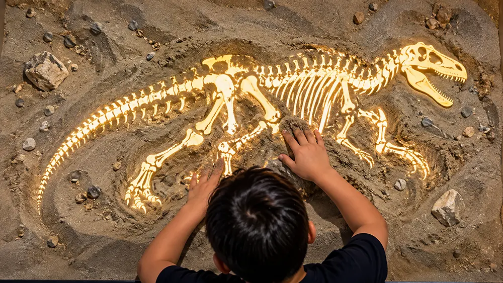 Sandbox Skeleton Level 3 interactive sandbox preview with a child revealing a skeleton fossil in the sand