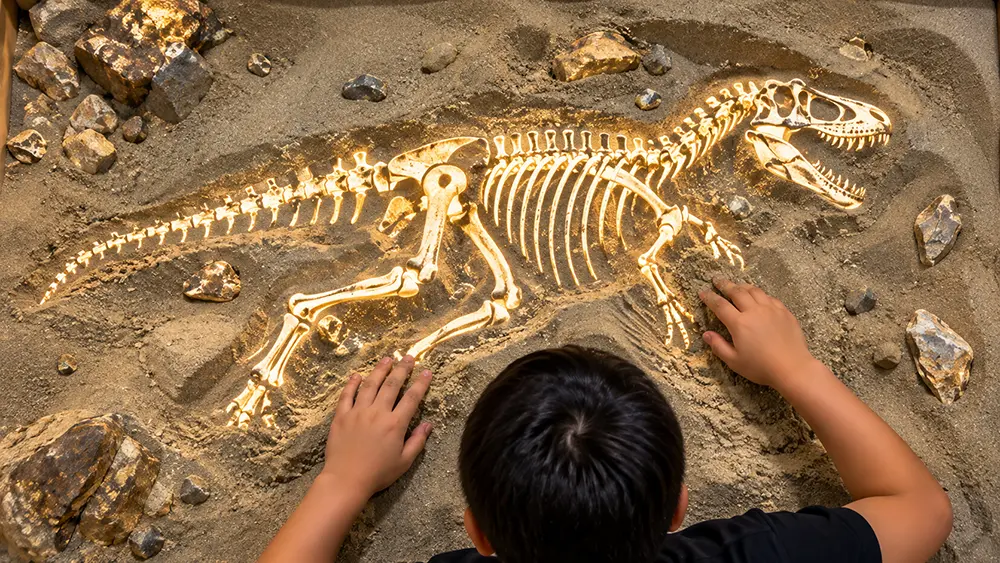 Sandbox Skeleton Level 4 interactive sandbox game preview with a child excavating a glowing skeleton
