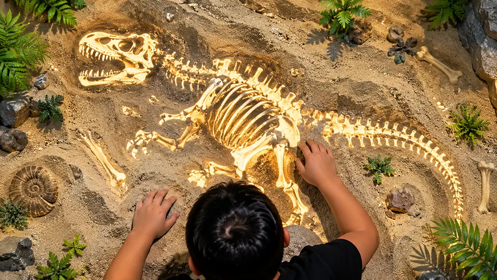 Sandbox Skeleton Level 5 interactive sandbox preview with a child uncovering a large glowing skeleton fossil