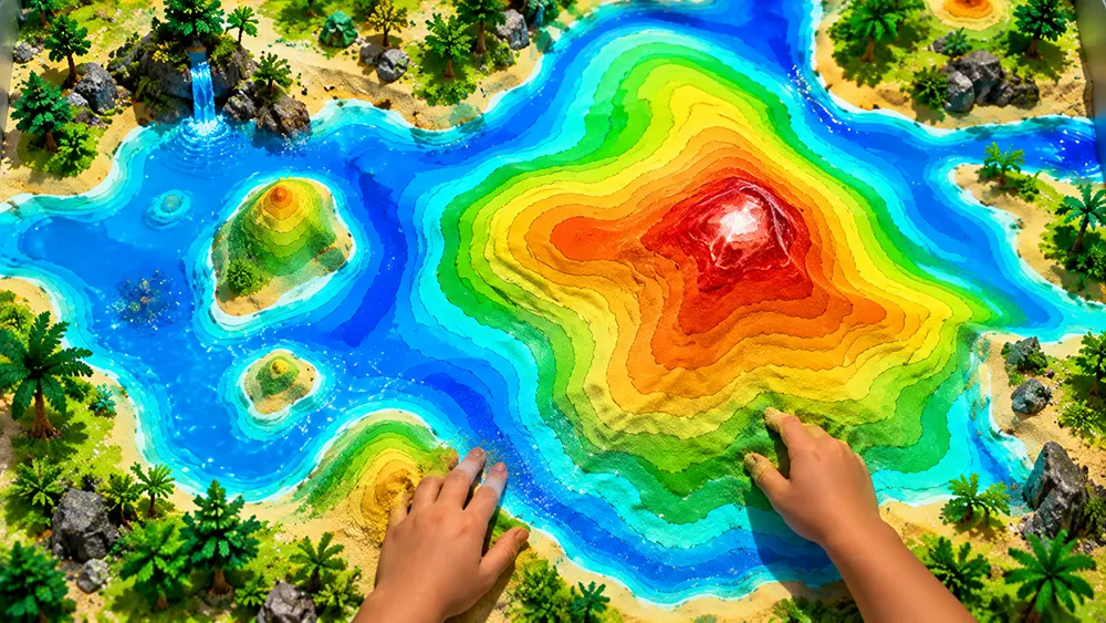 Sandbox Topographic Map interactive sandbox preview with colorful contour terrain and a child shaping the sand