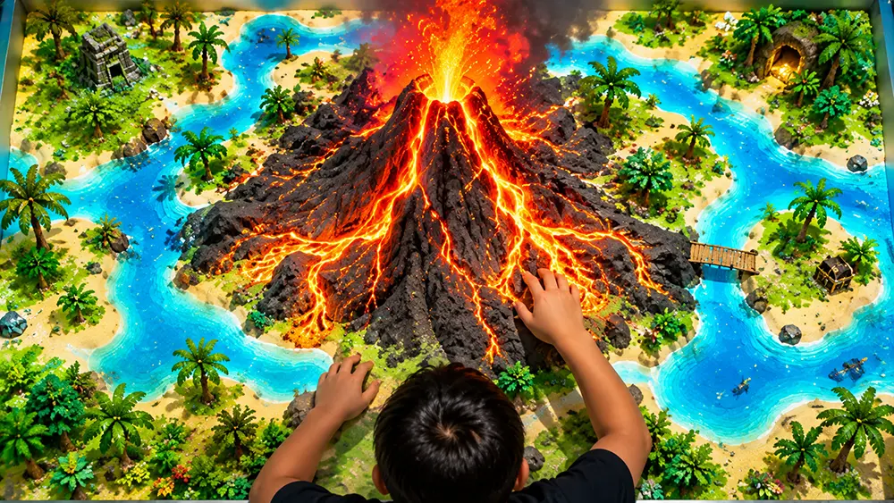 Sandbox Volcano interactive sandbox preview with erupting lava and a child shaping the volcanic terrain